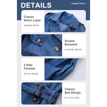 chouyatou Women's Fashion Notch Lapel Denim Trench Coat Double Breasted Belted Maxi Long Jean Jacket (Small, Blue)