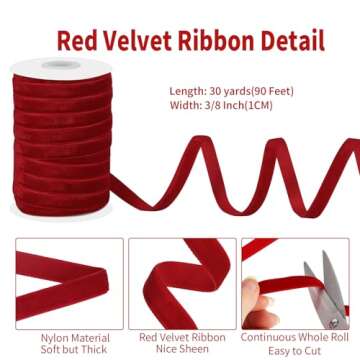 Red Velvet Ribbon 3/8 Inch 30 Yards Velvet Fabric Vintage Thin Valentines Ribbon for Choker Gift Wra...