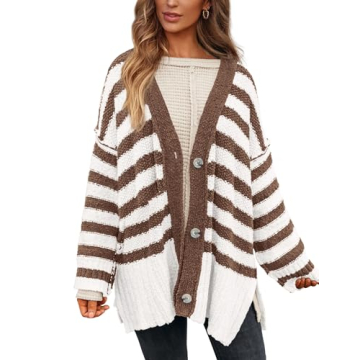 PRETTYGARDEN Women's Winter Striped Cardigan Sweaters Long Sleeve Button Down Open Front Chunky Knit...