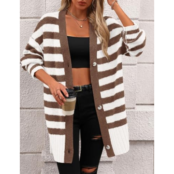 Stylish PRETTYGARDEN Women's Striped Cardigan Sweater