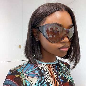 TYA Wrap Around Y2k Sunglasses For Women Men, Futuristic Oversized Shield Rimless Sun Glasses Fashion Vintage Brown Shades