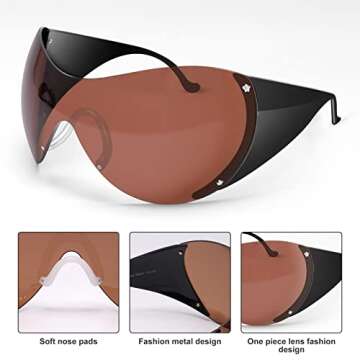 TYA Wrap Around Y2k Sunglasses For Women Men, Futuristic Oversized Shield Rimless Sun Glasses Fashion Vintage Brown Shades