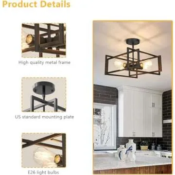 FadimiKoo Industrial 4-Light Semi Flush Mount Kitchen Ceiling Light Fixture, Farmhouse Metal Black Close to Ceiling Lighting Fixtures, Modern Rectangle Frame Ceiling Lamp for Island Bedroom Hallway