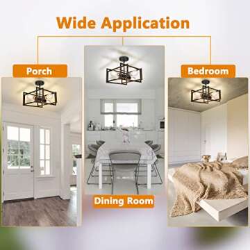 FadimiKoo Industrial 4-Light Semi Flush Mount Kitchen Ceiling Light Fixture, Farmhouse Metal Black Close to Ceiling Lighting Fixtures, Modern Rectangle Frame Ceiling Lamp for Island Bedroom Hallway