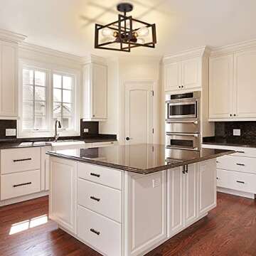 FadimiKoo Industrial 4-Light Semi Flush Mount Kitchen Ceiling Light Fixture, Farmhouse Metal Black Close to Ceiling Lighting Fixtures, Modern Rectangle Frame Ceiling Lamp for Island Bedroom Hallway