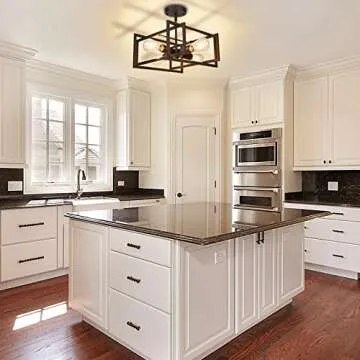 FadimiKoo Industrial 4-Light Semi Flush Mount Kitchen Ceiling Light Fixture, Farmhouse Metal Black Close to Ceiling Lighting Fixtures, Modern Rectangle Frame Ceiling Lamp for Island Bedroom Hallway