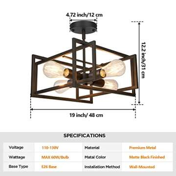 FadimiKoo Industrial 4-Light Semi Flush Mount Kitchen Ceiling Light Fixture, Farmhouse Metal Black Close to Ceiling Lighting Fixtures, Modern Rectangle Frame Ceiling Lamp for Island Bedroom Hallway