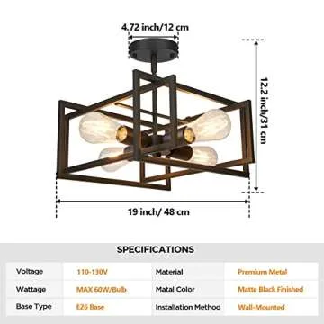FadimiKoo Industrial 4-Light Semi Flush Mount Kitchen Ceiling Light Fixture, Farmhouse Metal Black Close to Ceiling Lighting Fixtures, Modern Rectangle Frame Ceiling Lamp for Island Bedroom Hallway
