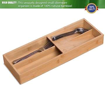 guiogc Bamboo Silverware Drawer Organizer, Kitchen Small Silverware Organizer, Utensil Tray Holder, Cutlery Tray for Spoons, Forks, Knives, Suitable for a family of 2-4