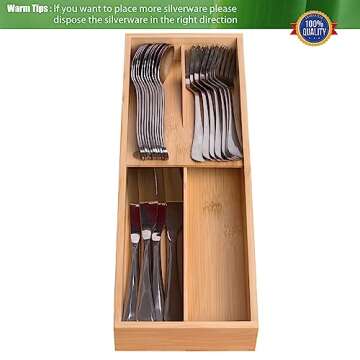 guiogc Bamboo Silverware Drawer Organizer, Kitchen Small Silverware Organizer, Utensil Tray Holder, Cutlery Tray for Spoons, Forks, Knives, Suitable for a family of 2-4