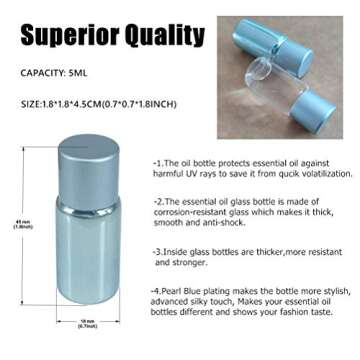 12pcs 5ml Empty Pearled Blue Glass Oil Bottles Set For Essential Oil Blends Samples With 1x26 Stickers,1x63labels,1 Funnel,1 Dropper,1 Sprayer Adapter,1 Extra Orifice Reducer