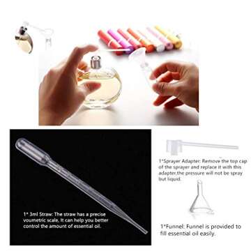 12pcs 5ml Empty Pearled Blue Glass Oil Bottles Set For Essential Oil Blends Samples With 1x26 Stickers,1x63labels,1 Funnel,1 Dropper,1 Sprayer Adapter,1 Extra Orifice Reducer