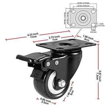 BOSGEOT 2" Caster Wheels, Heavy Duty Casters with Brake Set of 4, Locking Casters with 360 Degree No Noise Polyurethane (PU) Wheels, Swivel Plate Castors Pack of 4
