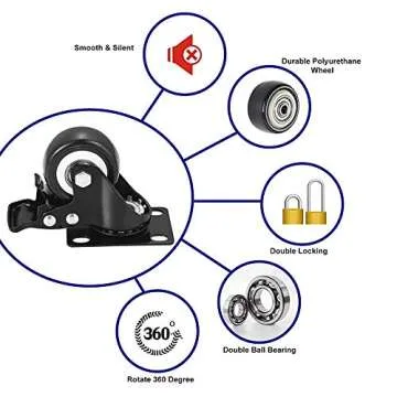 BOSGEOT 2" Caster Wheels, Heavy Duty Casters with Brake Set of 4, Locking Casters with 360 Degree No Noise Polyurethane (PU) Wheels, Swivel Plate Castors Pack of 4