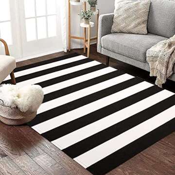 Breezsisan Black and White Striped Cotton Rug for Entryway