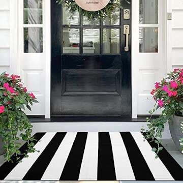 Breezsisan Black and White Striped Cotton Rug for Entryway