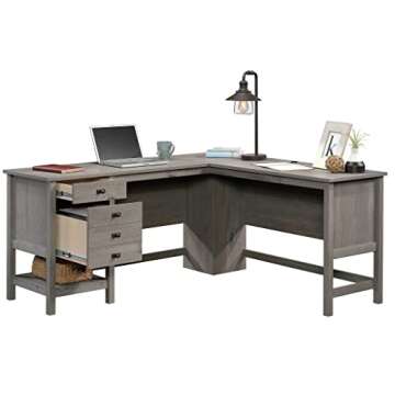 Sauder Cottage Road L Shaped Desk Computer Desk with Drawers, Home Office Desk with Optional File Cabinet Storage, Cable Management, in Mystic Oak Finish