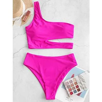 ZAFUL Women's Neon One Shoulder Cutout High Cut High Waisted Tankini Swimsuit (A-Magenta, M)