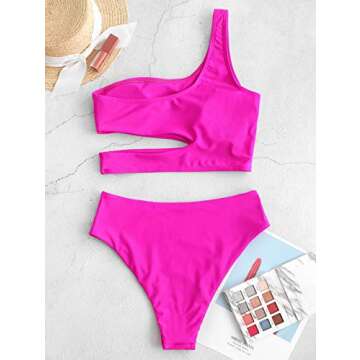 ZAFUL Women's Neon One Shoulder Cutout High Cut High Waisted Tankini Swimsuit (A-Magenta, M)