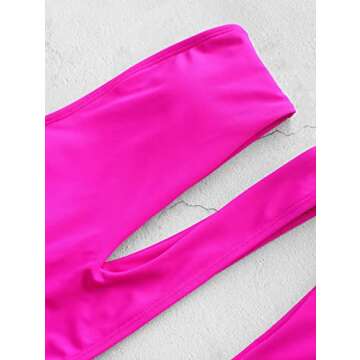 ZAFUL Women's Neon One Shoulder Cutout High Cut High Waisted Tankini Swimsuit (A-Magenta, M)