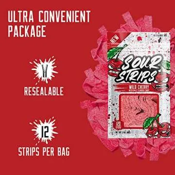 SOUR STRIPS Wild Cherry Flavored Candy | Deliciously Chewy Belts Vegetarian Candies, 12 per Pack, 2 Pack