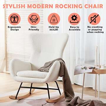 PrimeZone Comfy Rocking Chair for Nursery - Glider Chair with High Backrest, Armrests & Upholstered Pad, Bedroom Nursery Rocker Chair for Baby & Kids, Ivory White