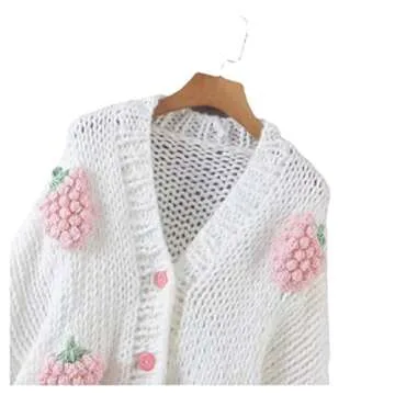 Women's Sweet Japanese Strawberry Embroidered Knit Cardigan Top Korean Retro Elegant Cute Kawaii Coat