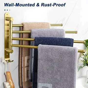 NearMoon Swivel Towel Rack, Thicken SUS304 Stainless Steel 4-Arm Towel Bar, Space Saving Wall Mounted Towel Holder with Hook, Rustproof Swing Out Towel Hanger for Bathroom, Kitchen (Brushed Gold)