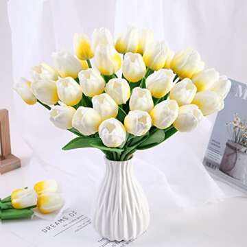 IVITA 20 Pcs Tulips Artifical Flowers Real Touch Faux Tulip Stems PU Bouquet for Home Office Easter Spring Wreath Floral Arrangement Cemetery Table Decor (Light Yellow), WTT-H184-7, 10 Bundles