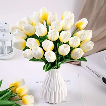 IVITA 20 Pcs Tulips Artifical Flowers Real Touch Faux Tulip Stems PU Bouquet for Home Office Easter Spring Wreath Floral Arrangement Cemetery Table Decor (Light Yellow), WTT-H184-7, 10 Bundles