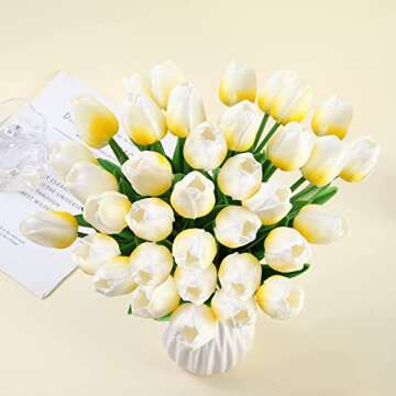 IVITA 20 Pcs Tulips Artifical Flowers Real Touch Faux Tulip Stems PU Bouquet for Home Office Easter Spring Wreath Floral Arrangement Cemetery Table Decor (Light Yellow), WTT-H184-7, 10 Bundles