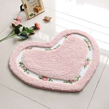 MOMIKA Pretty Floral Rose Heart Shape Bathroom Mat ，Super Soft Pink Shaggy Rug Floor Decoration Carpet，Great for Kitchen,Living Room,Toilet