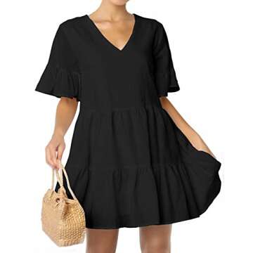 FANCYINN Womens Black Shift Dress with Pockets Bell Sleeve Ruffle Hem V Neck Spring Swing Tunic Mini Dress L