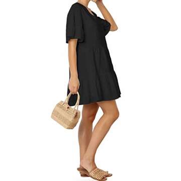 FANCYINN Womens Black Shift Dress with Pockets Bell Sleeve Ruffle Hem V Neck Spring Swing Tunic Mini Dress L