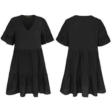 FANCYINN Womens Black Shift Dress with Pockets Bell Sleeve Ruffle Hem V Neck Spring Swing Tunic Mini Dress L
