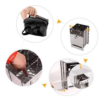 CAMPMAX Portable Folding Camping Wood Stove for Outdoor Cooking, Lightweight Stainless Steel Wood Burning Camp Stove with Grill for Backpacking BBQ Picnic, Large