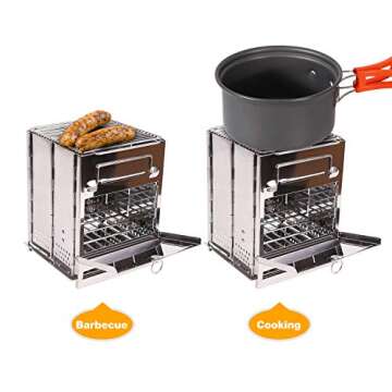 CAMPMAX Portable Folding Camping Wood Stove for Outdoor Cooking, Lightweight Stainless Steel Wood Burning Camp Stove with Grill for Backpacking BBQ Picnic, Large