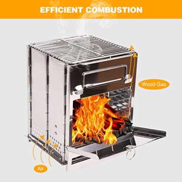 CAMPMAX Portable Folding Camping Wood Stove for Outdoor Cooking, Lightweight Stainless Steel Wood Burning Camp Stove with Grill for Backpacking BBQ Picnic, Large