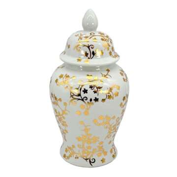 Galt International Gold & White Floral Blossom Ceramic Ginger Jar 18" w/Lid - Temple Jar Home & Kitc...