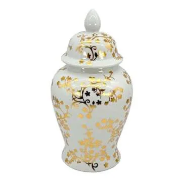 Galt International Gold & White Floral Blossom Ceramic Ginger Jar 18" w/Lid - Temple Jar Home & Kitc...