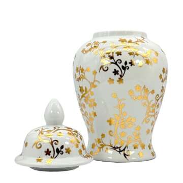 Galt International Gold & White Floral Blossom Ceramic Ginger Jar 18" w/Lid - Temple Jar Home & Kitchen Decor for Interior Design