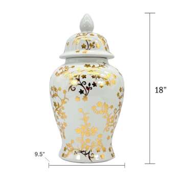 Galt International Gold & White Floral Blossom Ceramic Ginger Jar 18" w/Lid - Temple Jar Home & Kitchen Decor for Interior Design