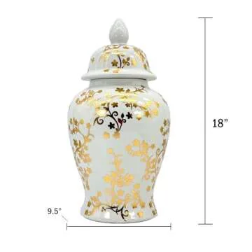 Galt International Gold & White Floral Blossom Ceramic Ginger Jar 18" w/Lid - Temple Jar Home & Kitchen Decor for Interior Design