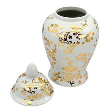 Galt International Gold & White Floral Blossom Ceramic Ginger Jar 18" w/Lid - Temple Jar Home & Kitchen Decor for Interior Design