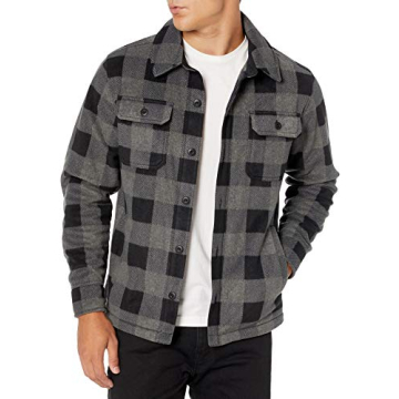 Amazon Essentials Men's Long-Sleeve Polar Fleece Shirt Jacket, Black Charcoal Buffalo Plaid, Large