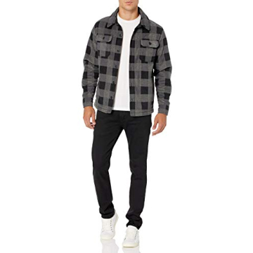 Amazon Essentials Men's Long-Sleeve Polar Fleece Shirt Jacket, Black Charcoal Buffalo Plaid, Large