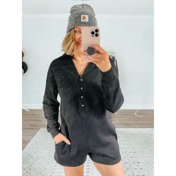 Saodimallsu Womens V Neck Button Romper Casual Waffle Knit Long Sleeve Playsuit Short One Piece Jumpsuit Outfit with Pocket