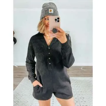 Saodimallsu Womens V Neck Button Romper Casual Waffle Knit Long Sleeve Playsuit Short One Piece Jumpsuit Outfit with Pocket