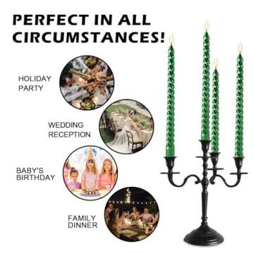 Taper Candles Set of 4,Glossy Metal-Look Long 10 inch Candle Sticks,Ture Dripless Taper Candles,9 hrs Clean Burning Candlesticks, Green Christmas Candles Pack