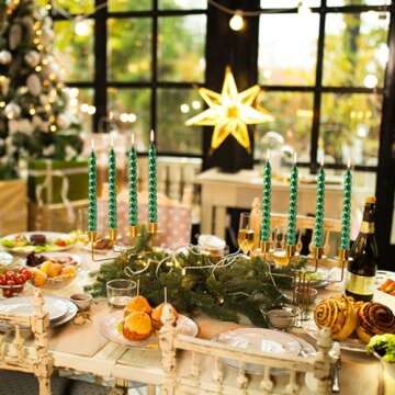 Taper Candles Set of 4,Glossy Metal-Look Long 10 inch Candle Sticks,Ture Dripless Taper Candles,9 hrs Clean Burning Candlesticks, Green Christmas Candles Pack